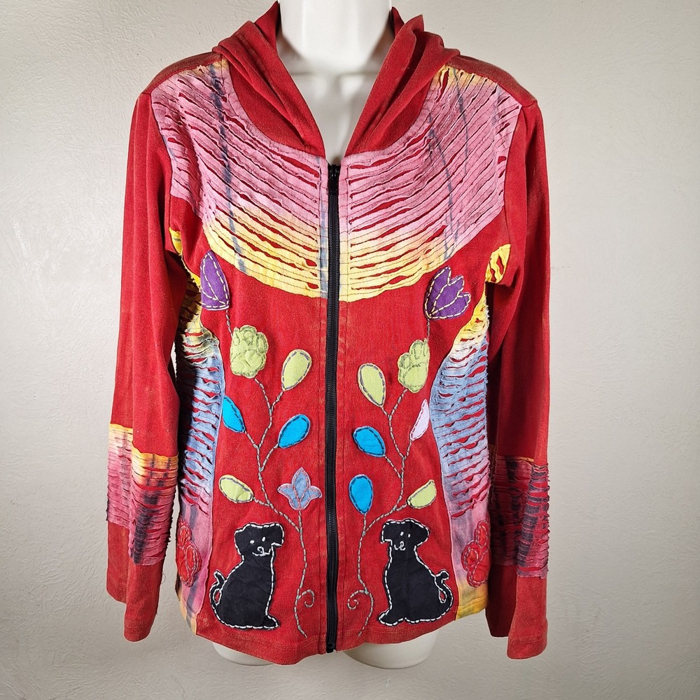 Y2K Patchwork Festival Boho‎ Artsy Hippie Stoner Hoodie Dog Lover Applique S/M